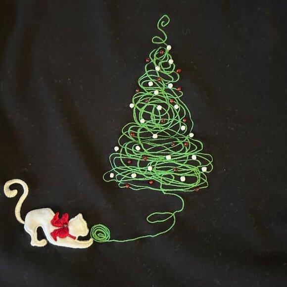 Cat Christmas Tree Beaded Embroidered Holiday Long Sleeve Tee Size 2XL XXL - Picture 8 of 10
